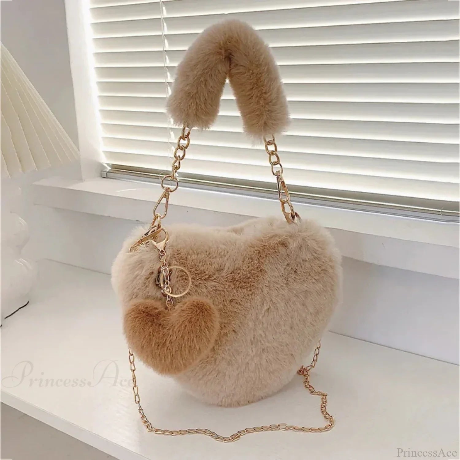 Heart-shaped Faux Fur Plush Small Crossbody Handbag khaki handbag-250126
