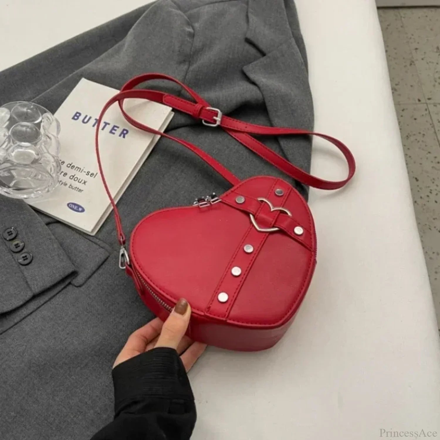 Heart Shaped PU Leather Shoulder Bag WineRed shoulder-250126