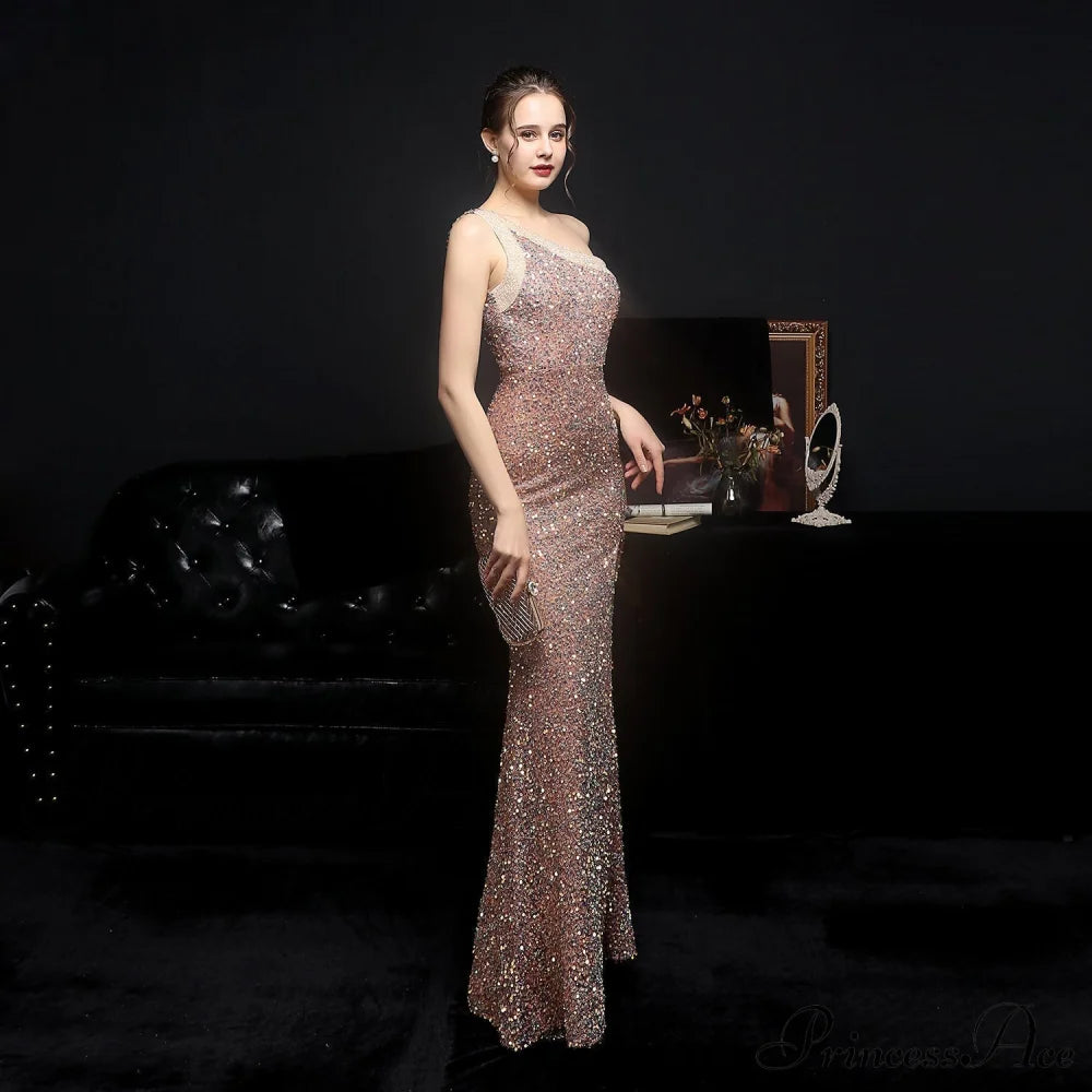 Heary Dazzling Sequined Charming One-Shoulder Asymmetric Dress S.o. Long Dresses