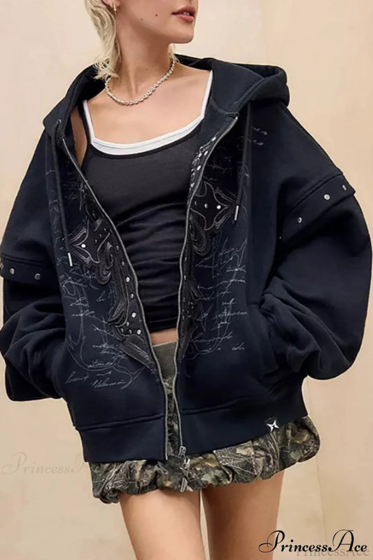 Heavy Metal Punk Printed Applique Zip Hoodie