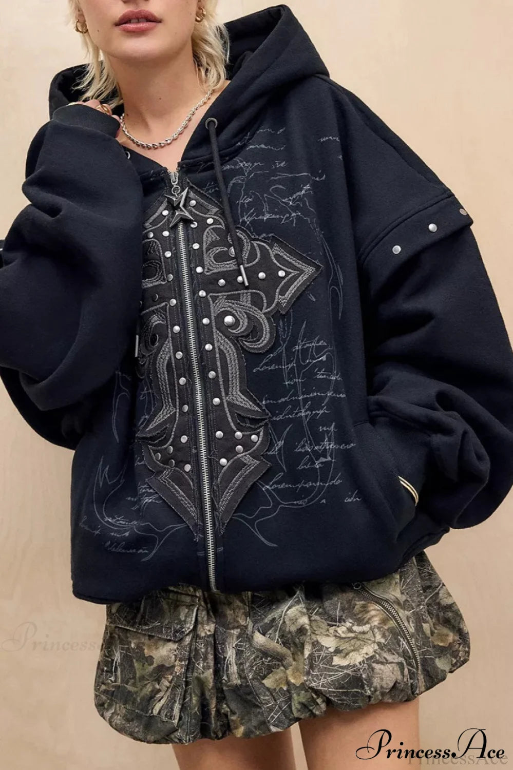 Heavy Metal Punk Printed Applique Zip Hoodie Black / S