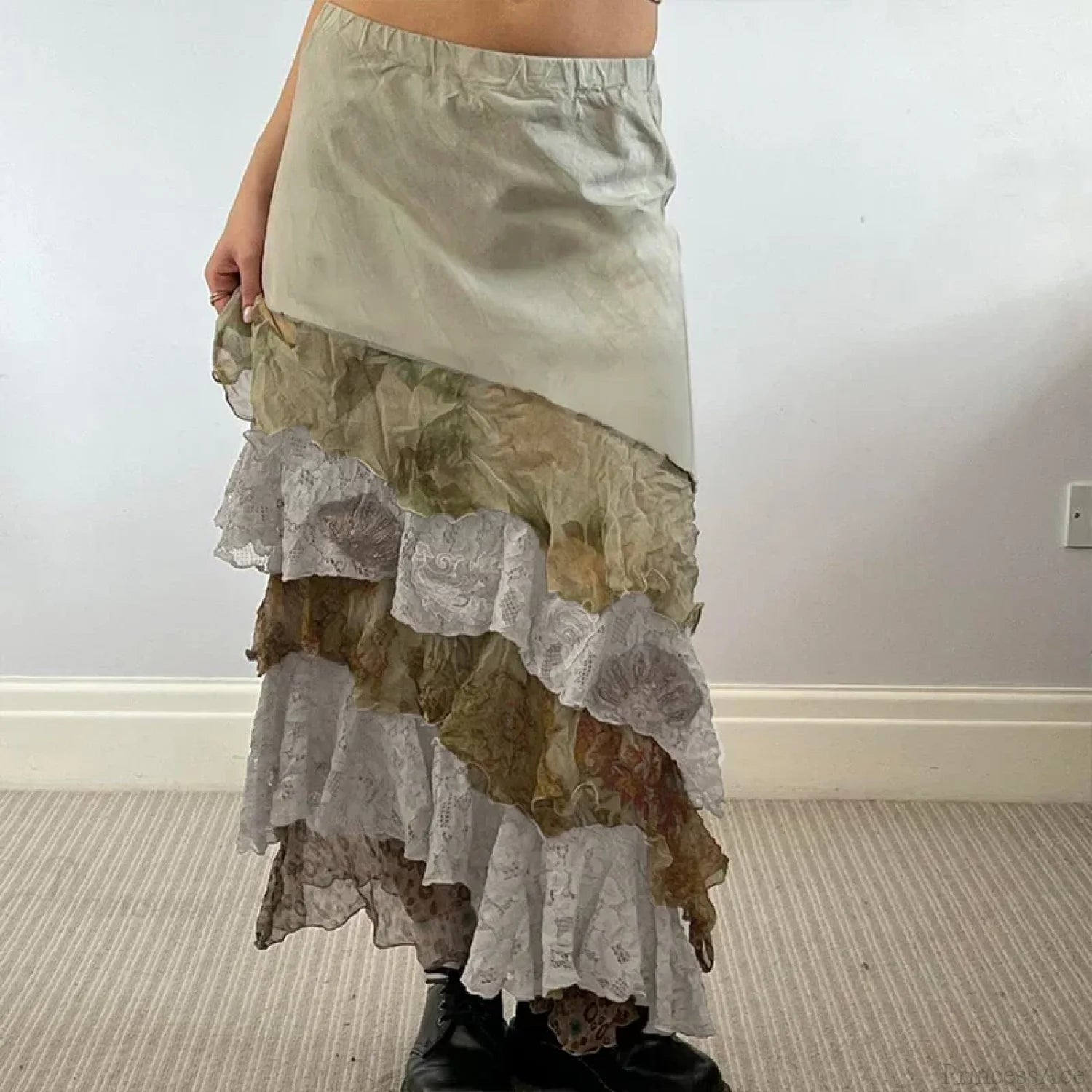 HEYounGIRL Y2K Aesthetic Lace Tiered Irregular Skirt Mori Girl Khaki / S skirt-250126