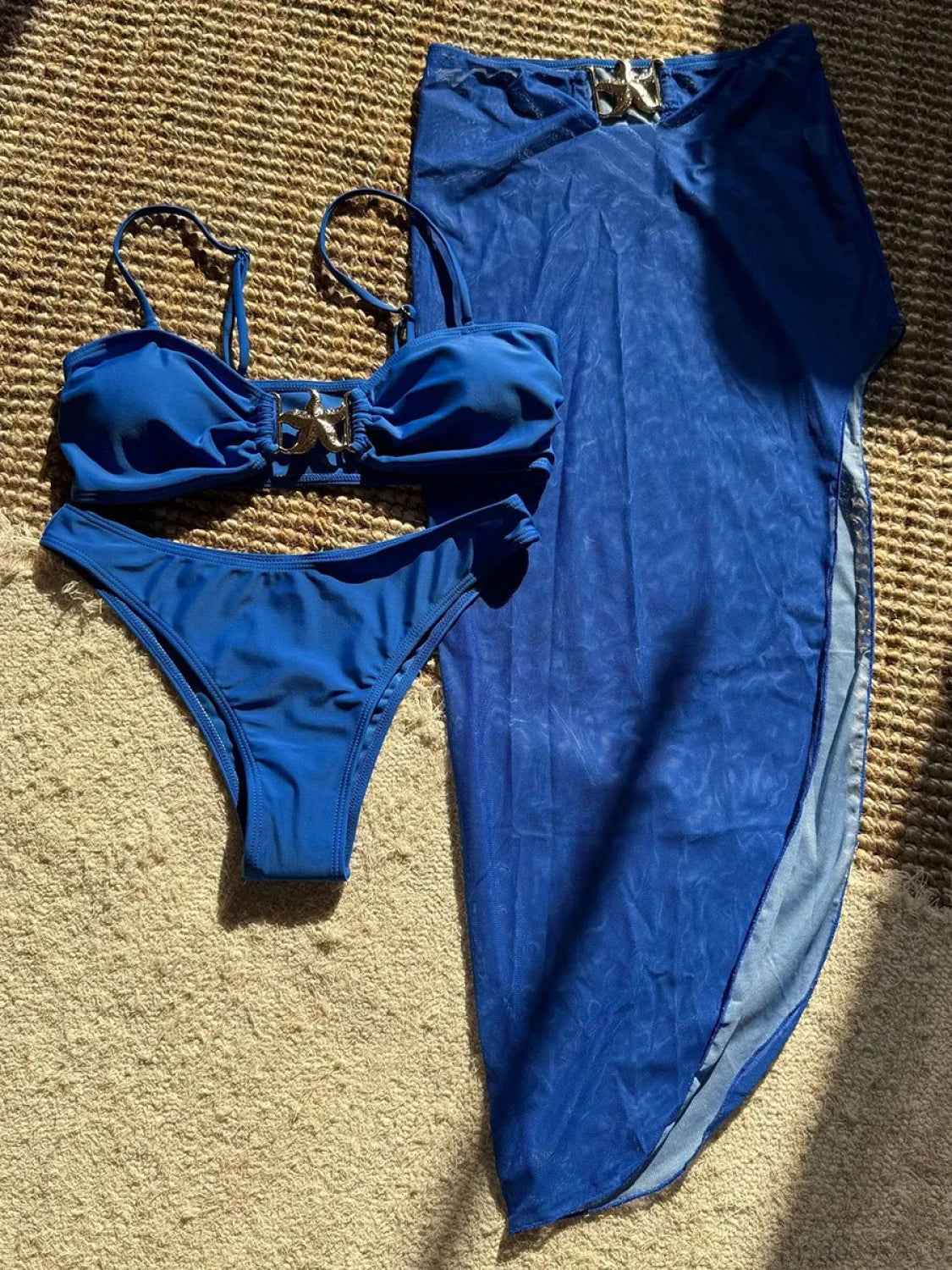 High Cut Brazilian Bikini with Mesh Skirt Three Piece Swimsuit blue / S