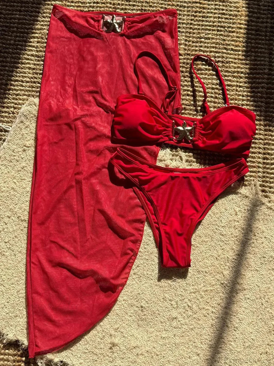 High Cut Brazilian Bikini with Mesh Skirt Three Piece Swimsuit red / S