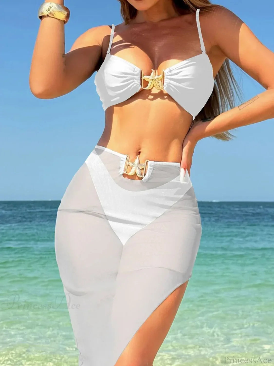 High Cut Brazilian Bikini with Mesh Skirt Three Piece Swimsuit white / S