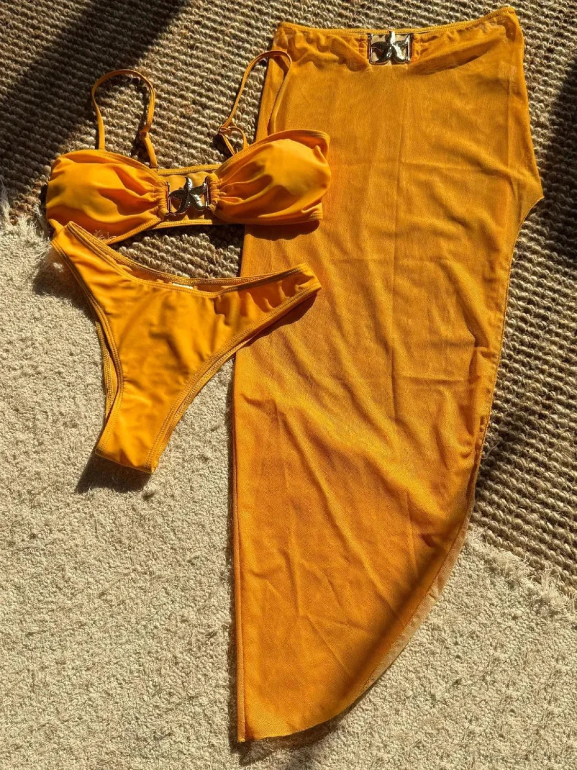 High Cut Brazilian Bikini with Mesh Skirt Three Piece Swimsuit yellow / S