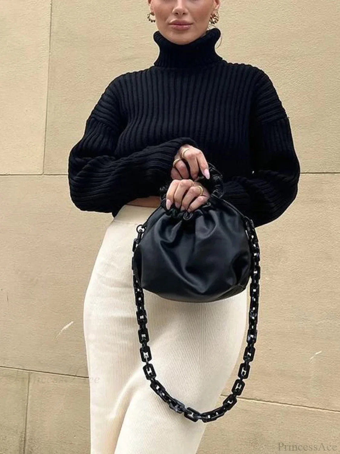 High Neck Ribbed Cropped Sweater Black / S