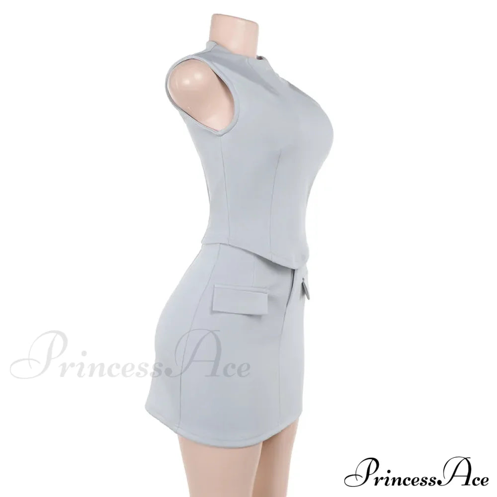 High Neck Solid Top Graceful And Bodycon Mini Skirt Set Two Pieces