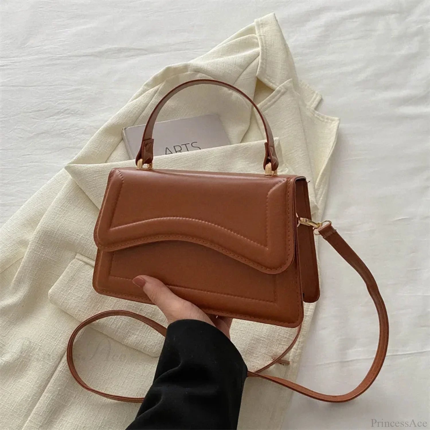 High-Quality PU Leather Solid Color Crossbody Handbag Brown handbag-250126