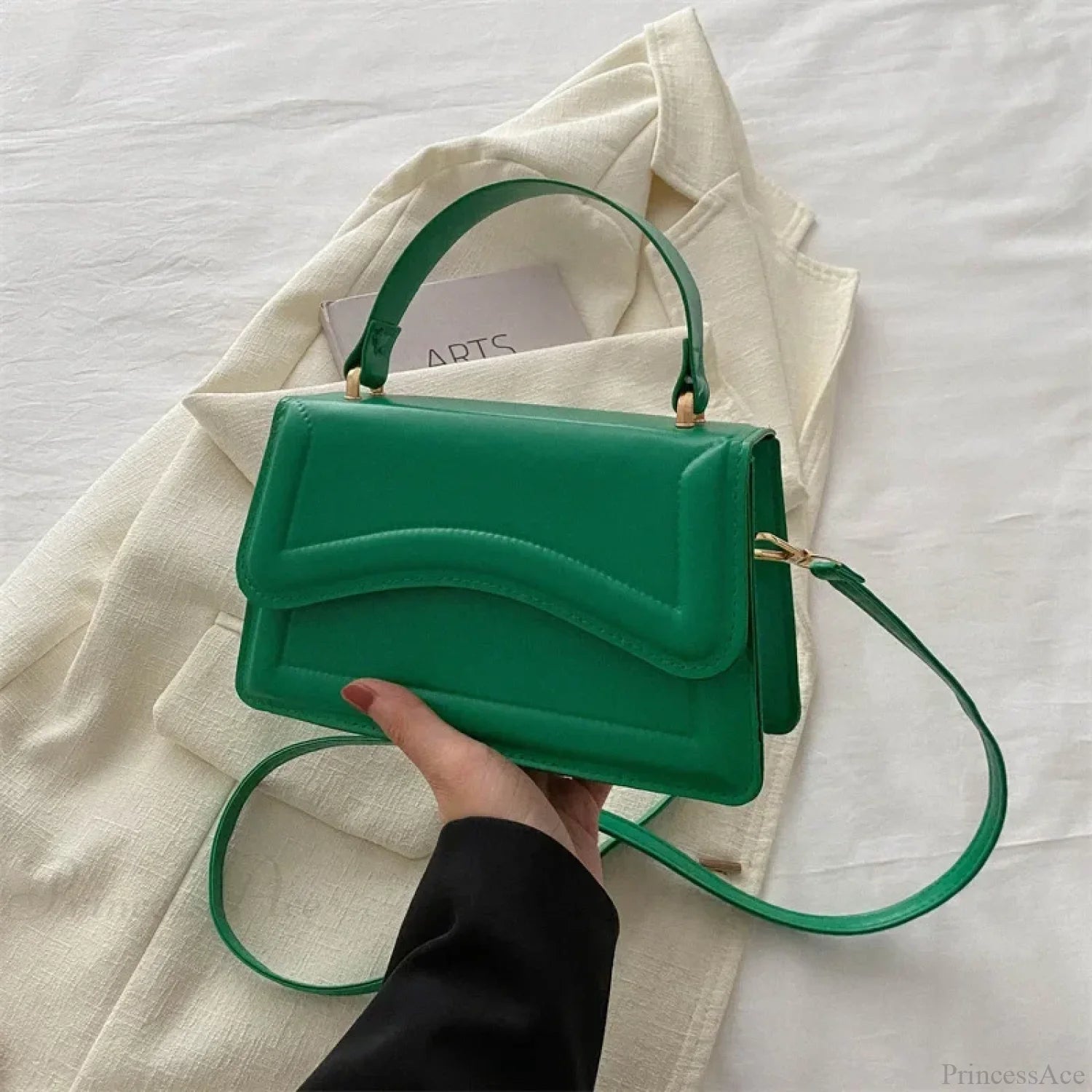 High-Quality PU Leather Solid Color Crossbody Handbag Green handbag-250126