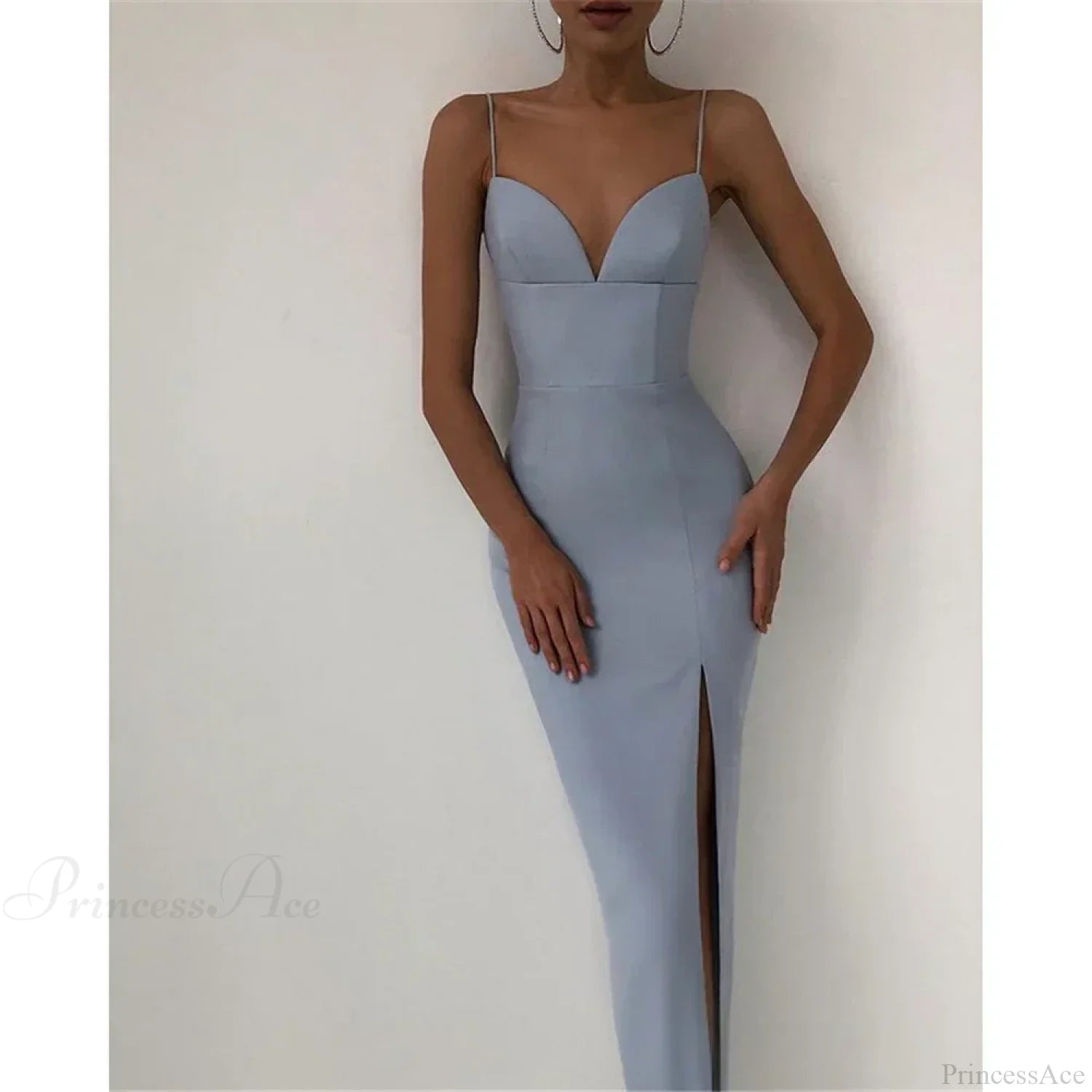 High Slit Bodycon Maxi Dress Light Blue / S