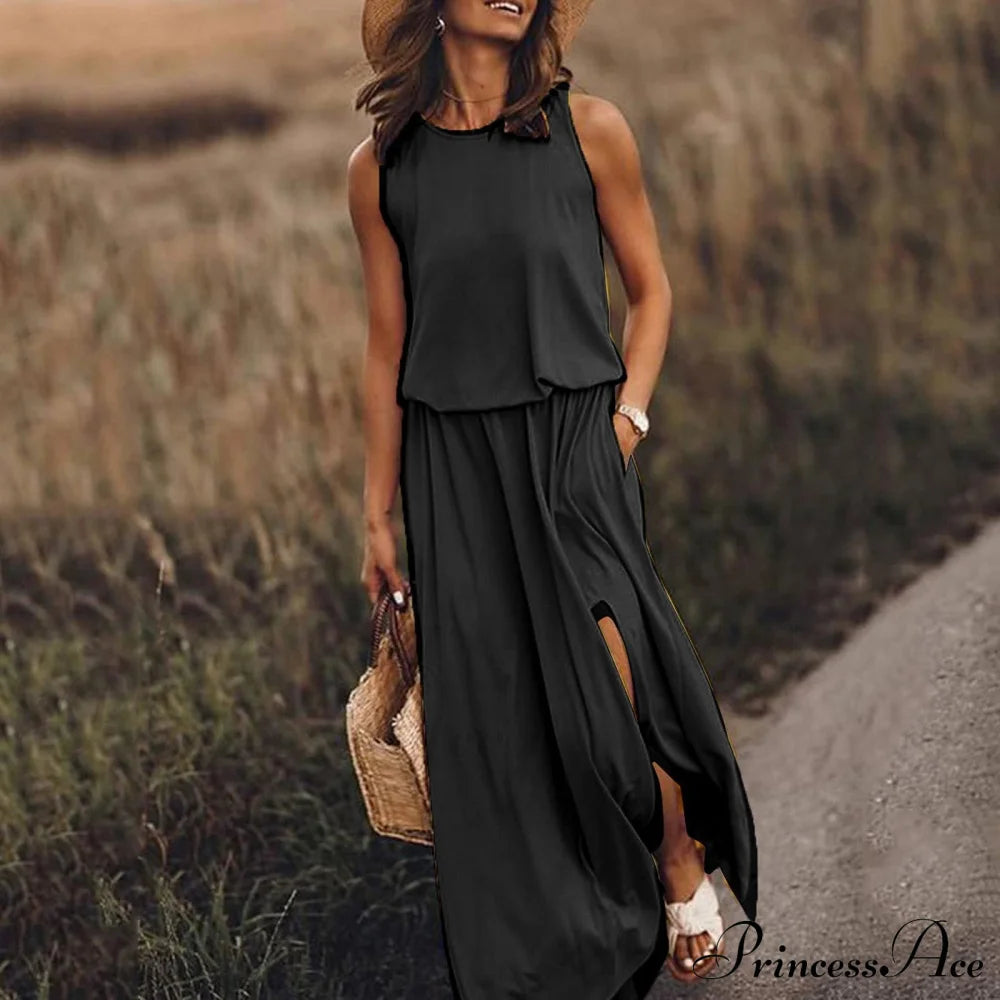 High Slit Maxi Long Dress With Pockets S / Burgundy Chiffon Purple Maxi Dress