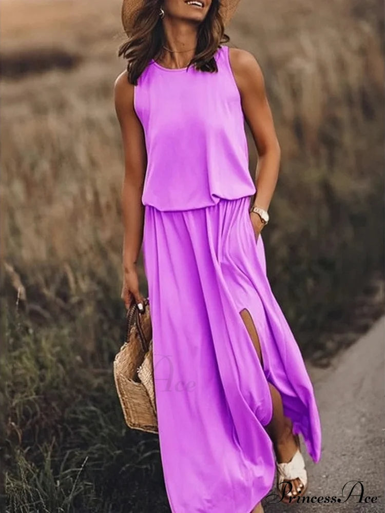 High Slit Maxi Long Dress With Pockets S / White Chiffon Purple Maxi Dress