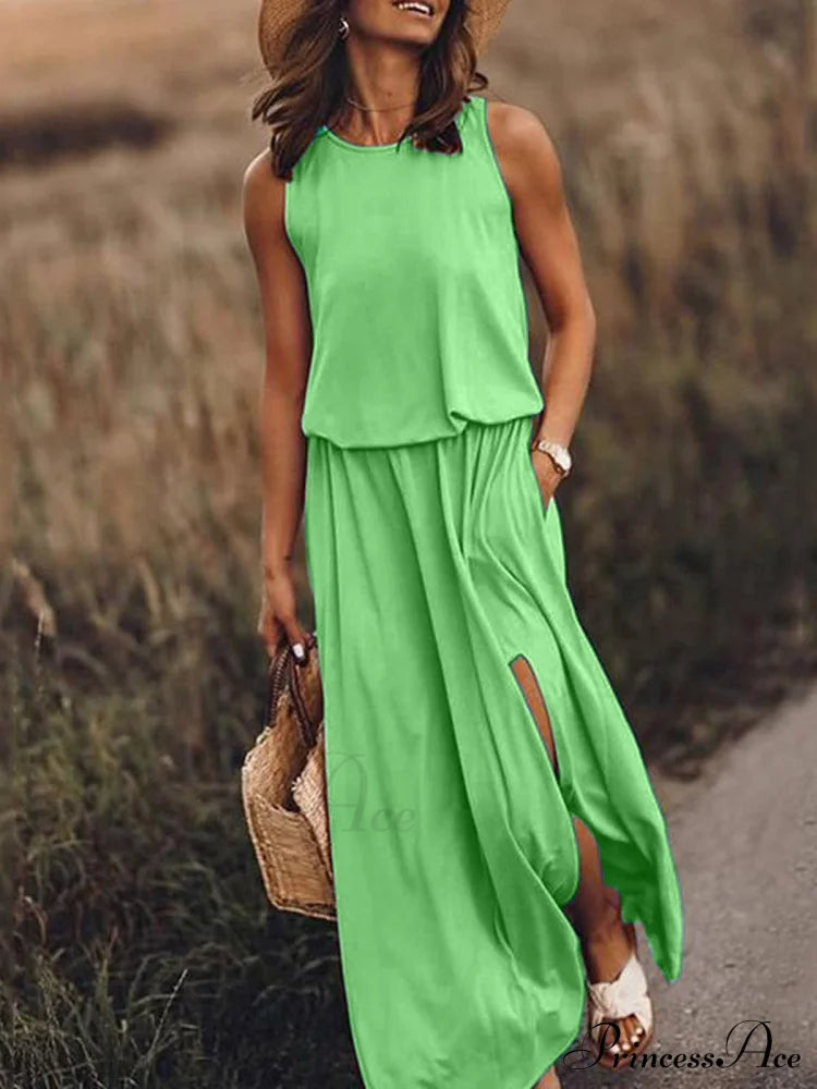 High Slit Maxi Long Dress With Pockets S / Yellow Chiffon Purple Maxi Dress