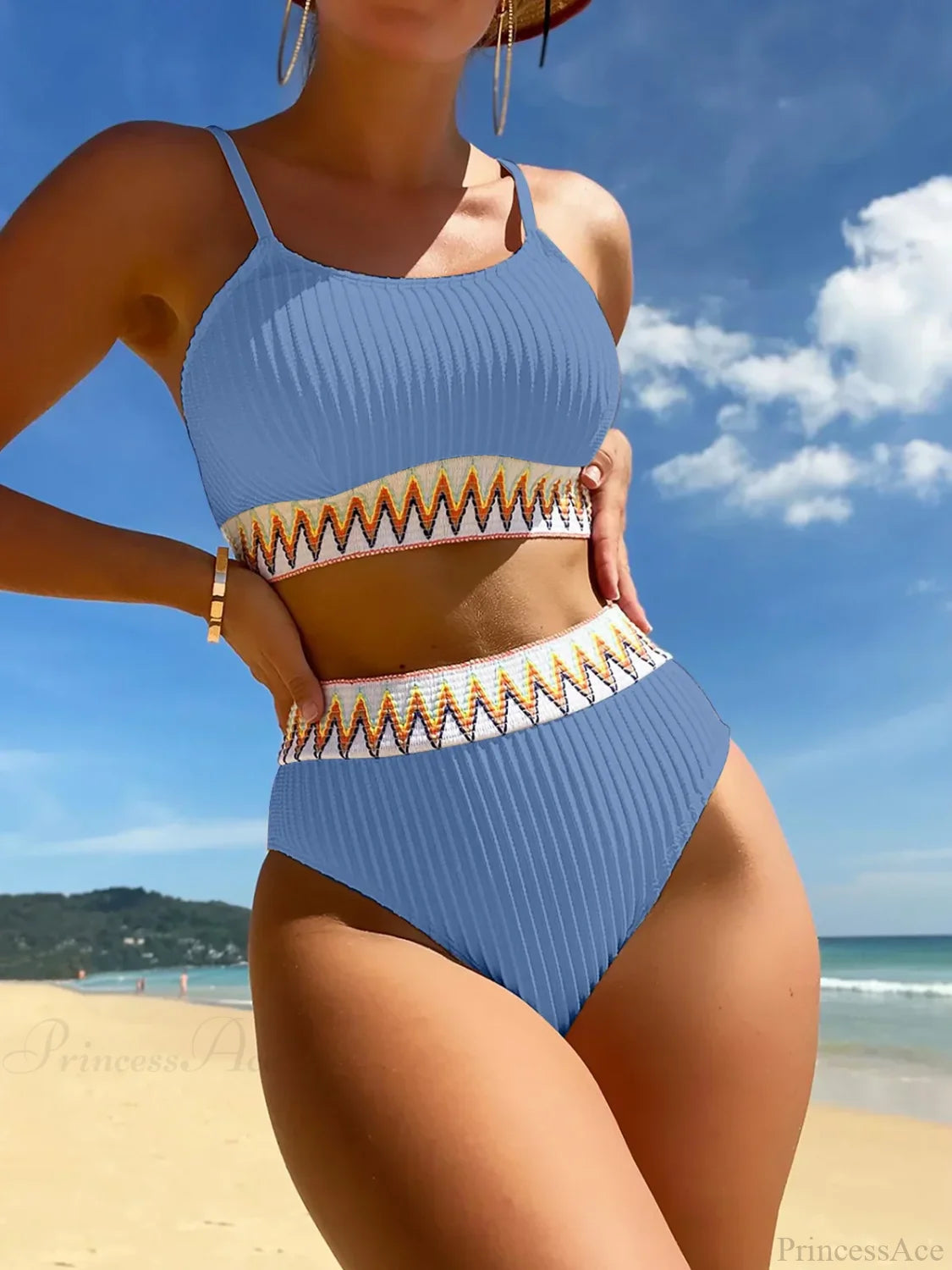 High Waist Colorful Split Two Piece Set Haze Blue / S