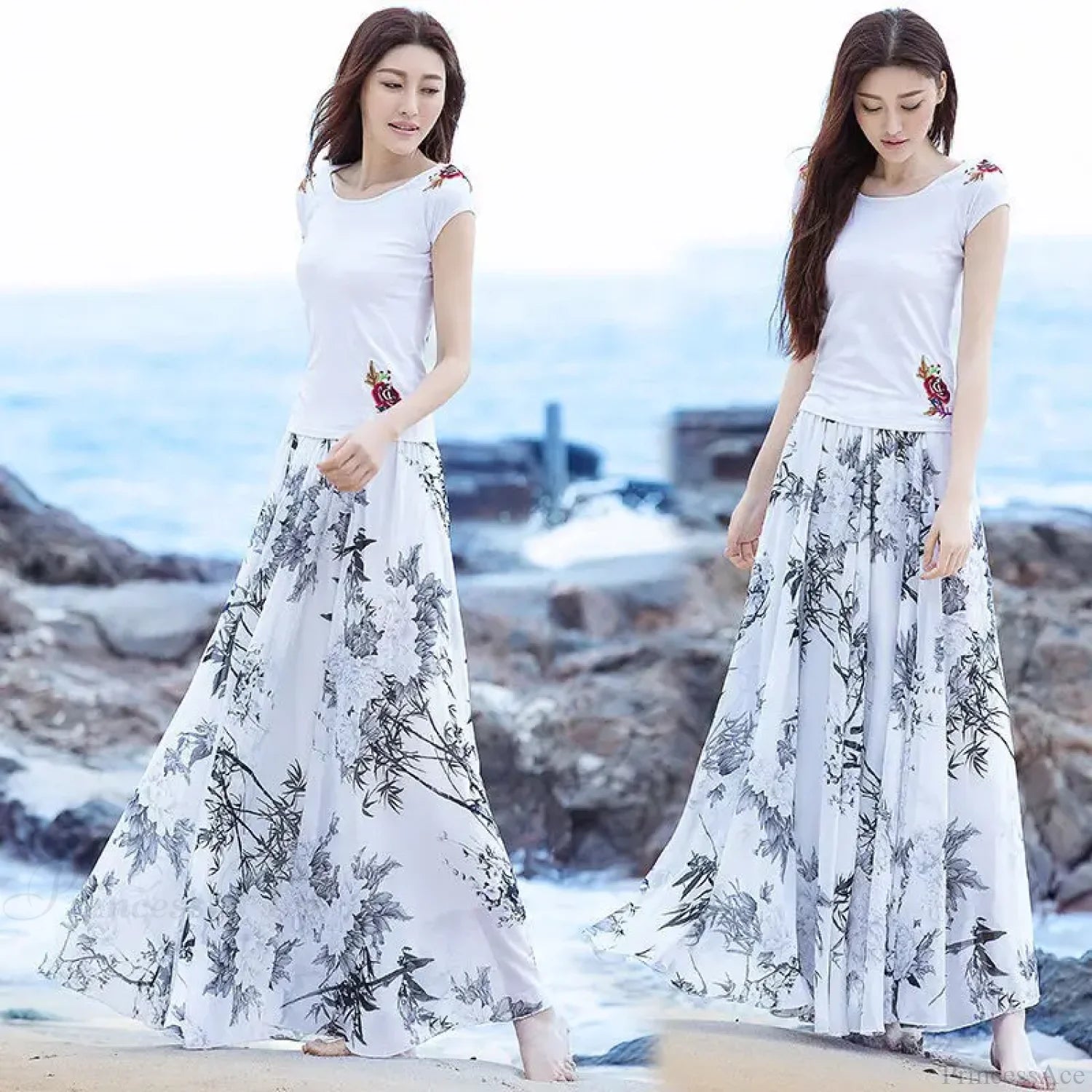 High Waist Elastic Waist Midi Full Long Skirt 2024 White Bamboo / M skirt-250126