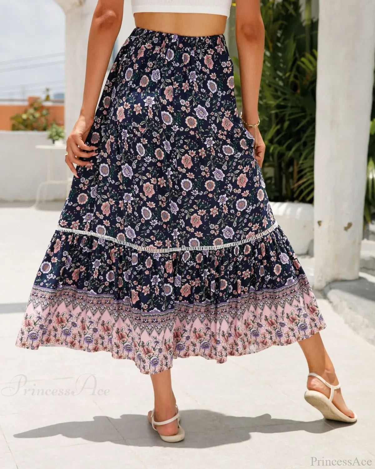 High Waist Floral Beach Skirt A-line Ruffled Lace Holiday Maxi skirt-250126