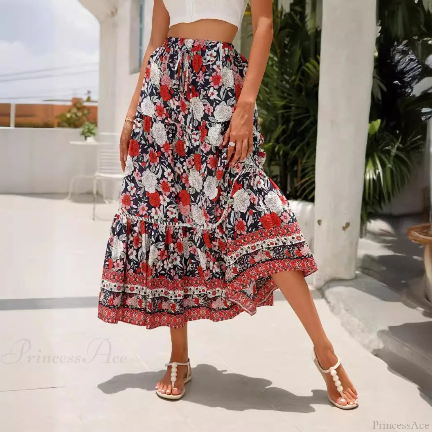 High Waist Floral Beach Skirt A-line Ruffled Lace Holiday Maxi skirt-250126