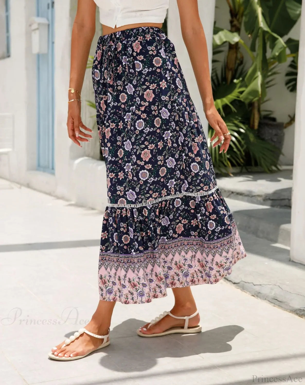 High Waist Floral Beach Skirt A-line Ruffled Lace Holiday Maxi Dark Blue / S skirt-250126