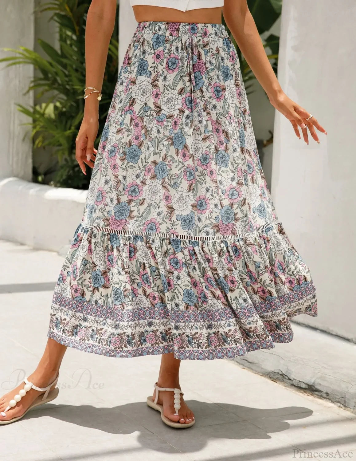 High Waist Floral Beach Skirt A-line Ruffled Lace Holiday Maxi Mix / S skirt-250126