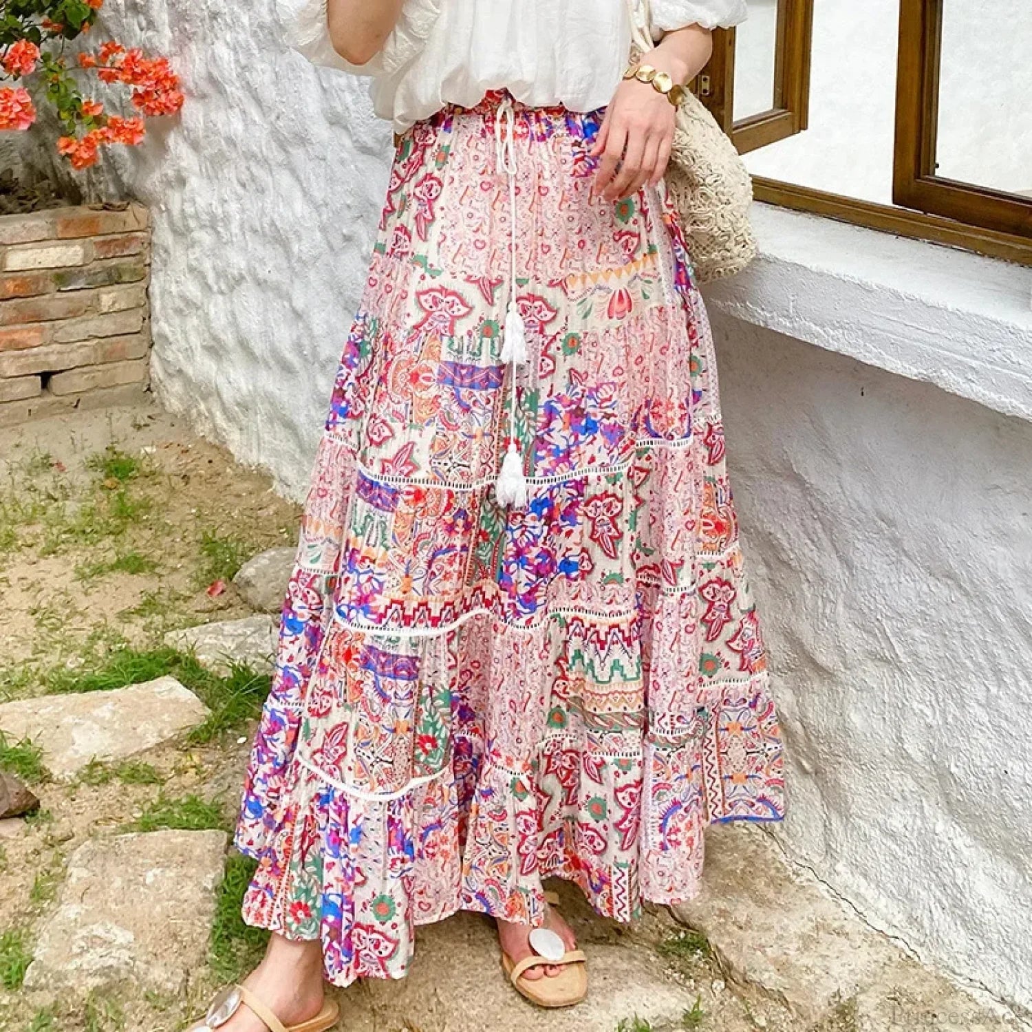 High Waist Floral Beach Skirt Lace Patchwork Chic Cotton Maxi floral skirts / S