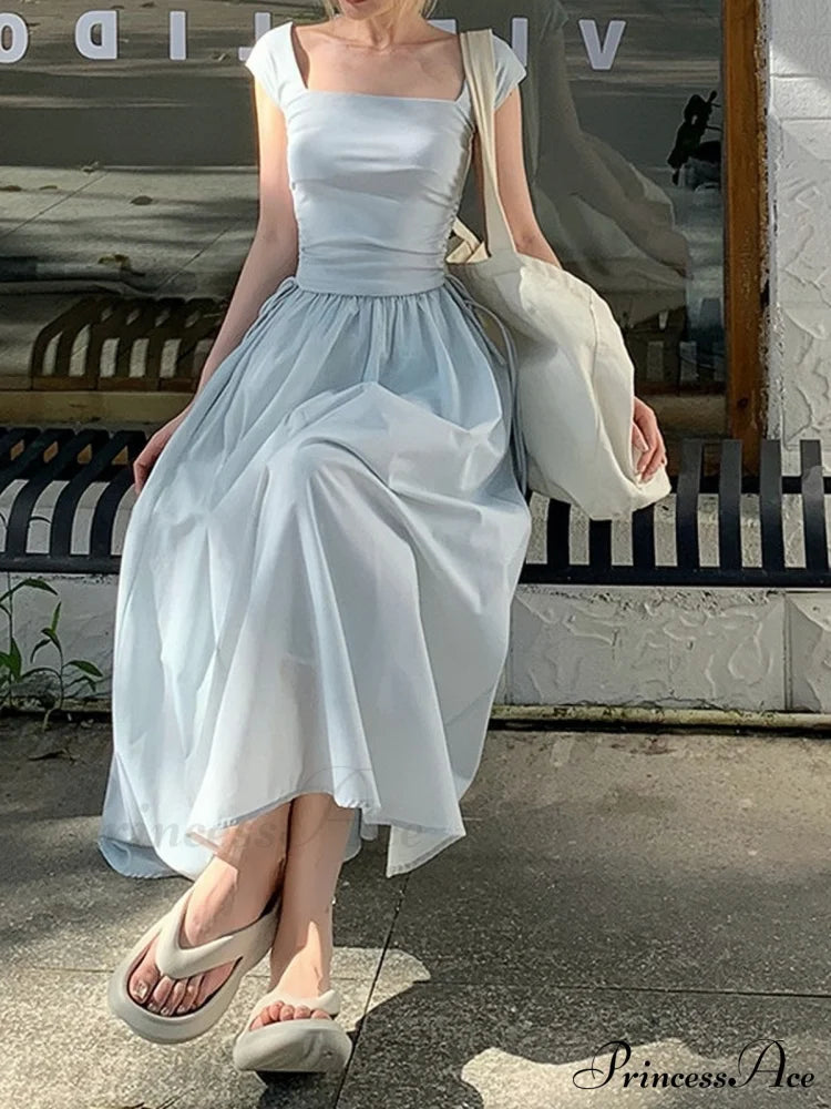 High Waist Hollow Square Neck Knitted Long Dress For Summer S / Blue Blue Beach Summer Dress