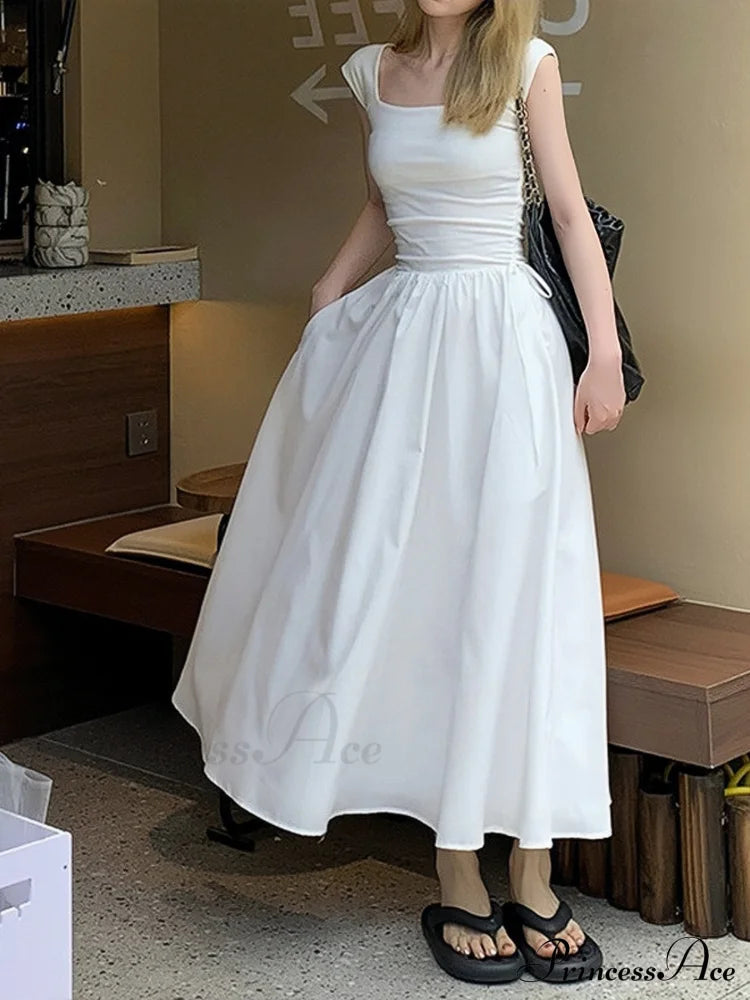 High Waist Hollow Square Neck Knitted Long Dress For Summer S / White Blue Beach Summer Dress