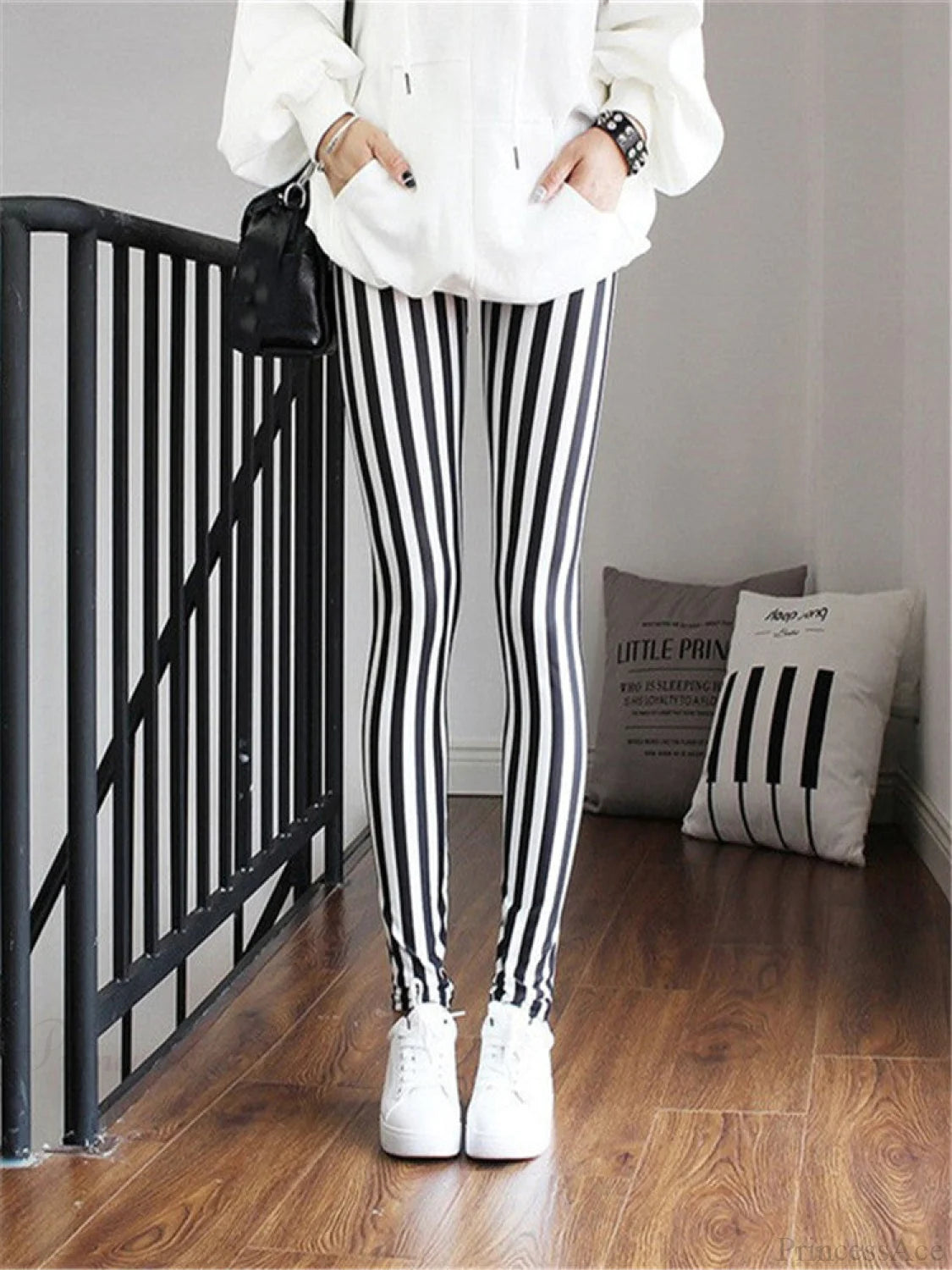 High Waist Leggings Pants Fine Stipe / S