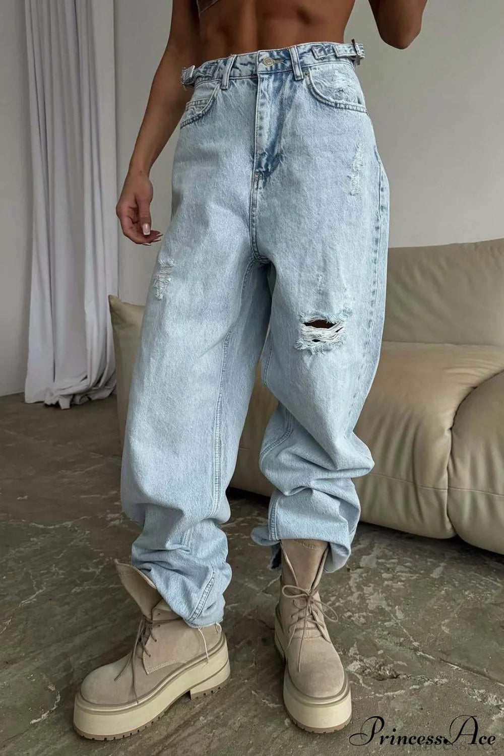 High Waist Loose Wide Leg Sickle Jeans Blue / S