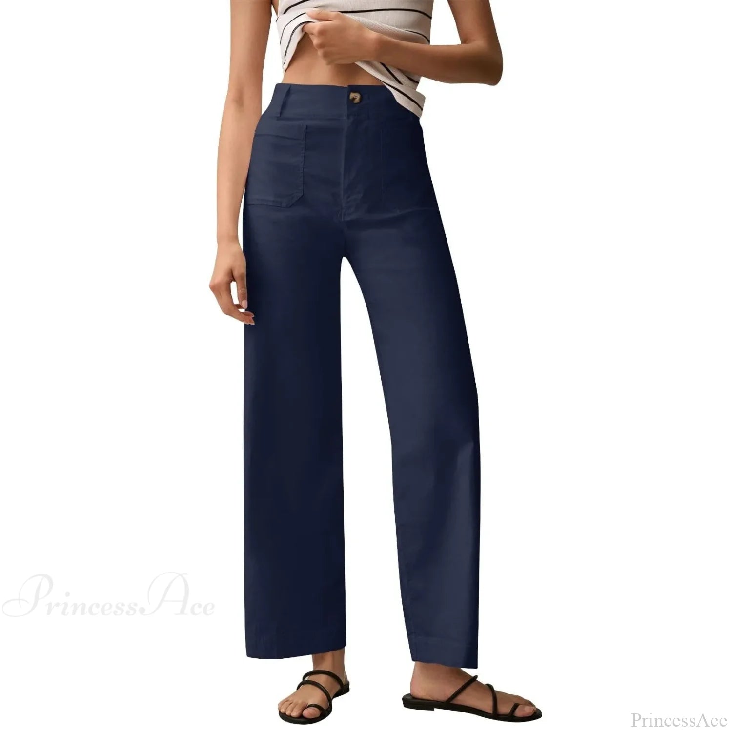 High Waist Patch Pocket Straight Pants Dark Blue / S