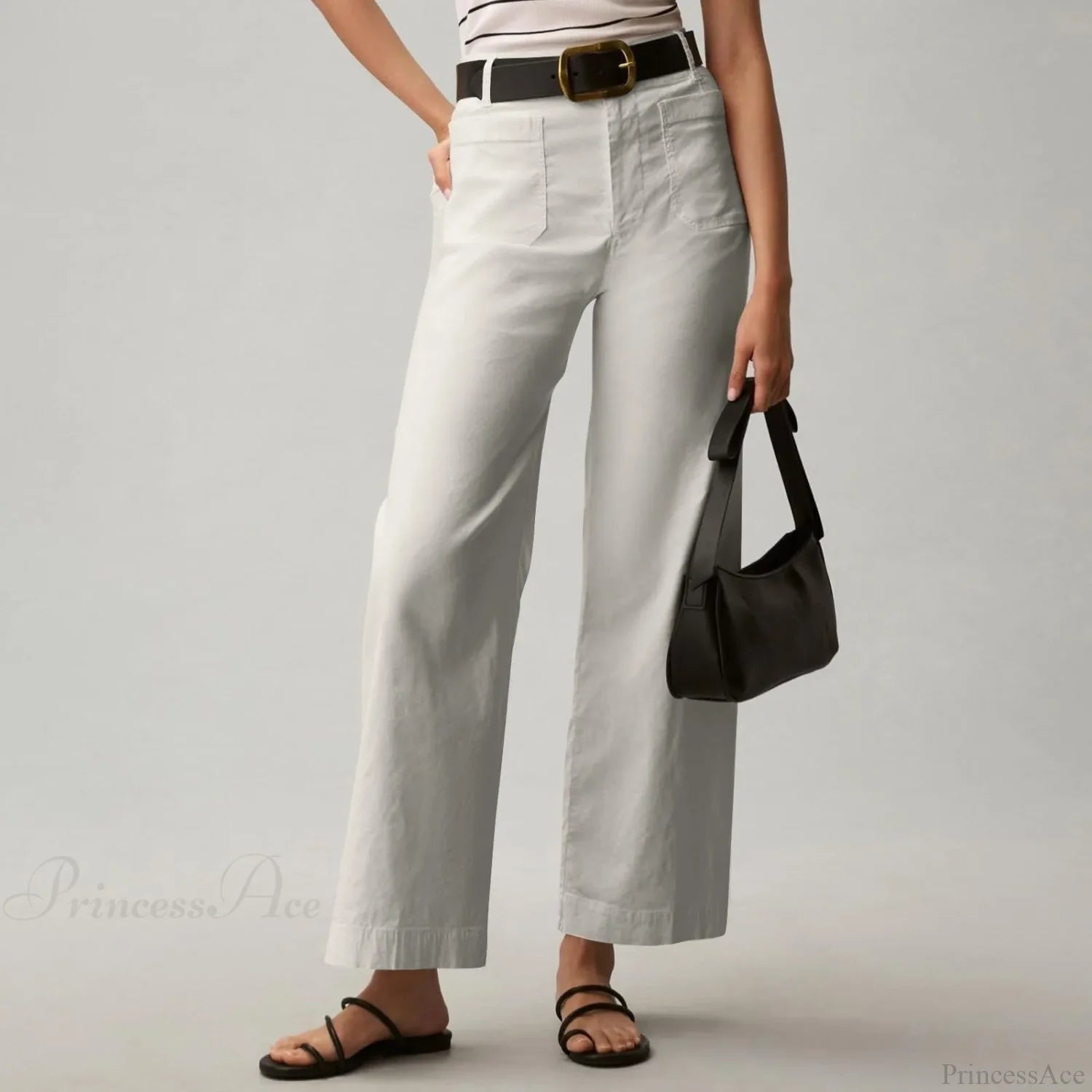 High Waist Patch Pocket Straight Pants White / S