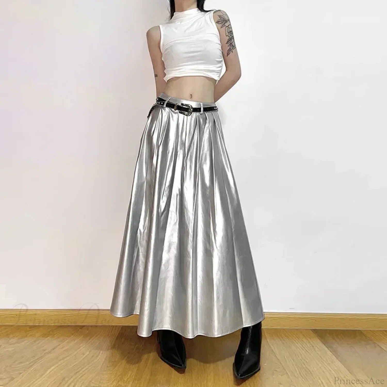 High Waist Pleated Cyberpunk Skirt silver / S