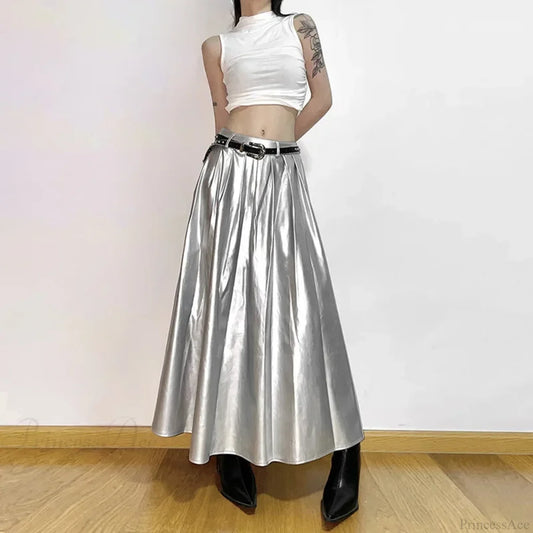 High Waist Pleated Cyberpunk Skirt silver / S
