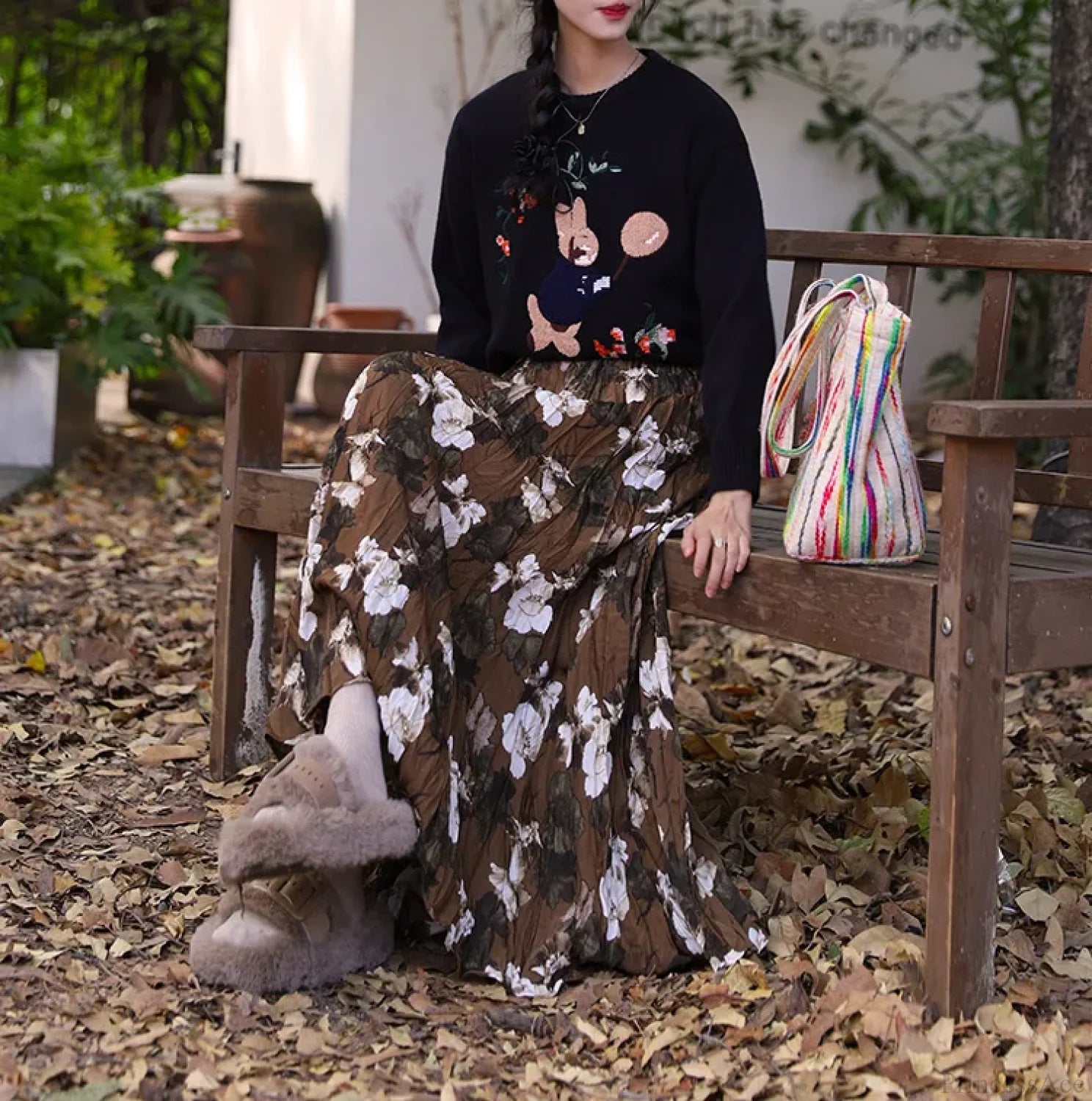 High Waist Rose Pendulum Skirt Boho Draped Pleated Vintage Maxi Brown / One Size