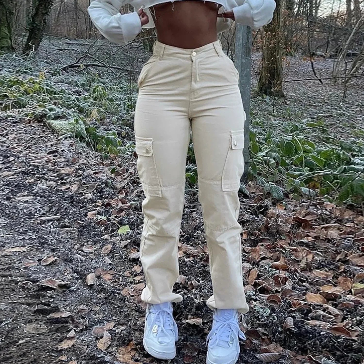 High Waist Slim Fit Cargo Pants White / S