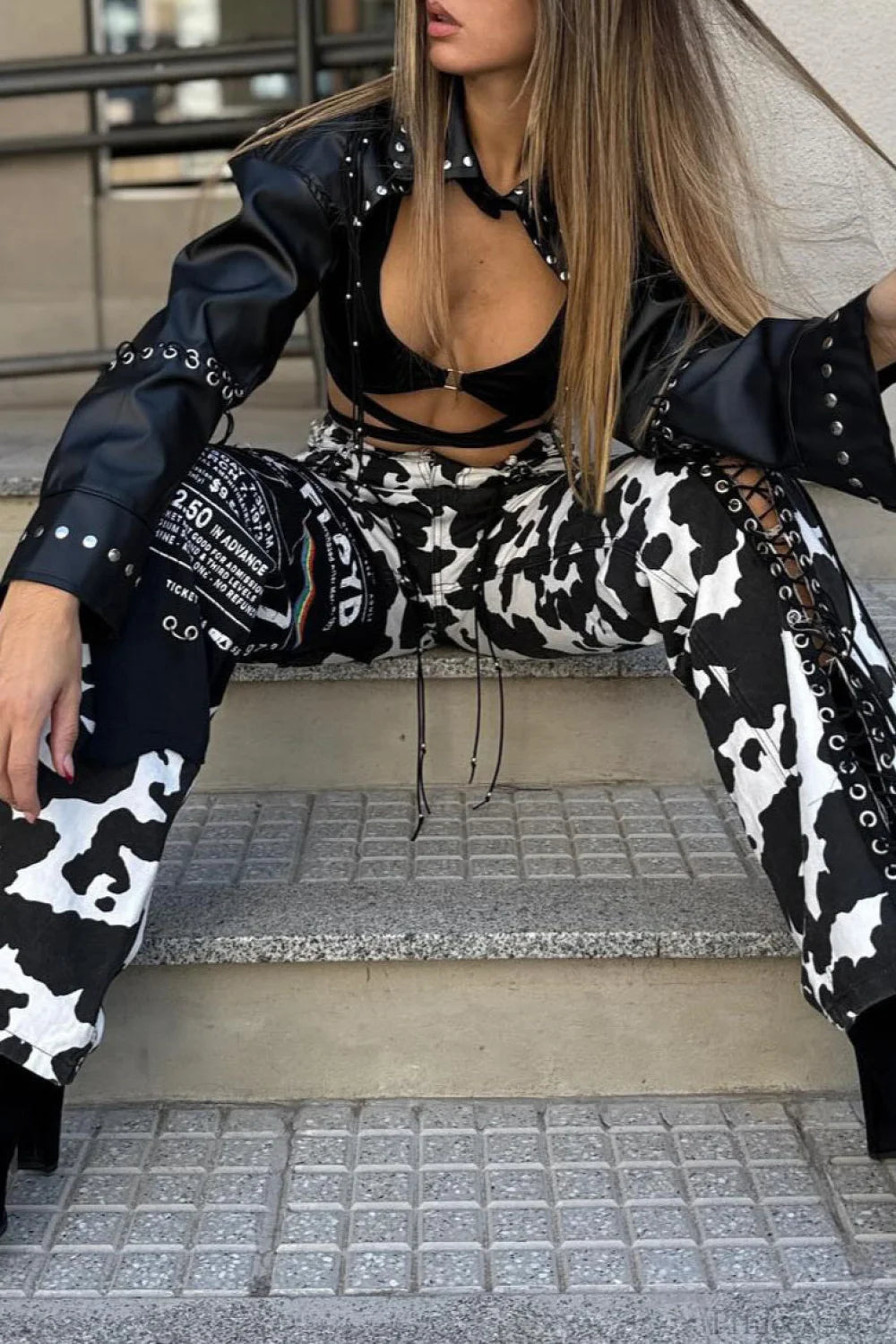 High Waist Slim Milk Print Tassel Rivet Denim Pants