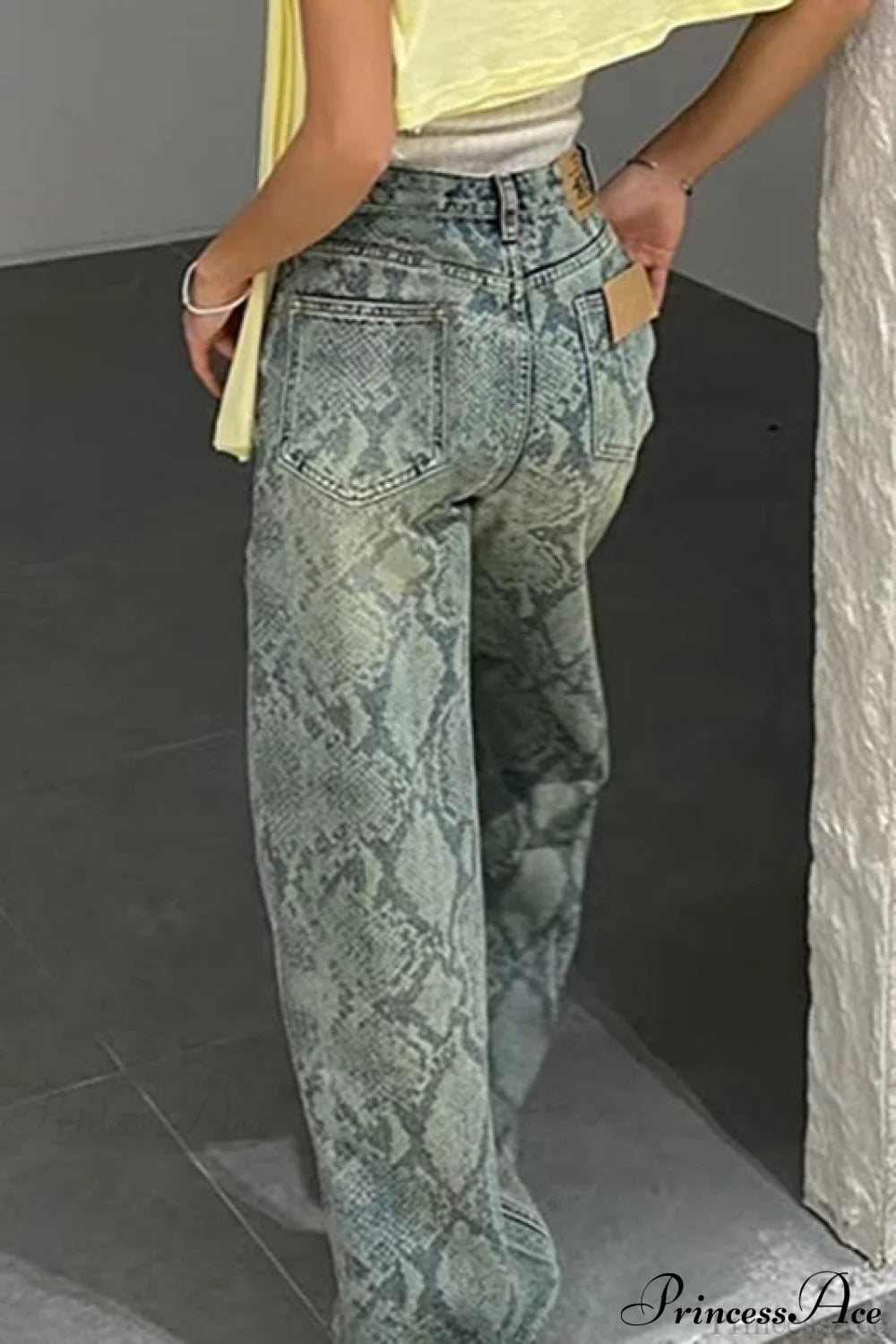High Waist Snake Print Washed Straight Jeans