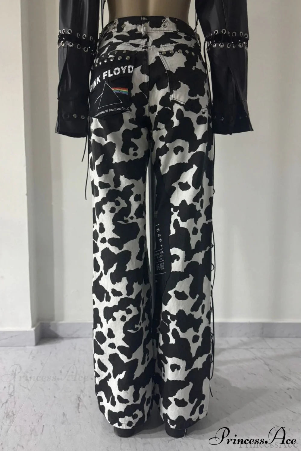 High Waist Straight Leg Milk Pattern Tassel Pants