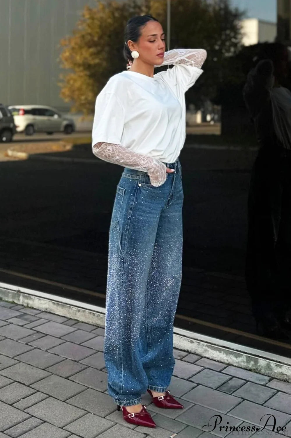 High Waisted Allover Rhinestone Straight Leg Jeans