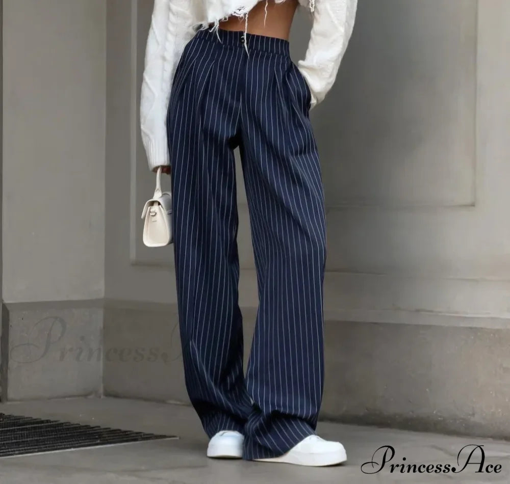 High Waisted Straight Leg Wide Navy Striped Casual Pants