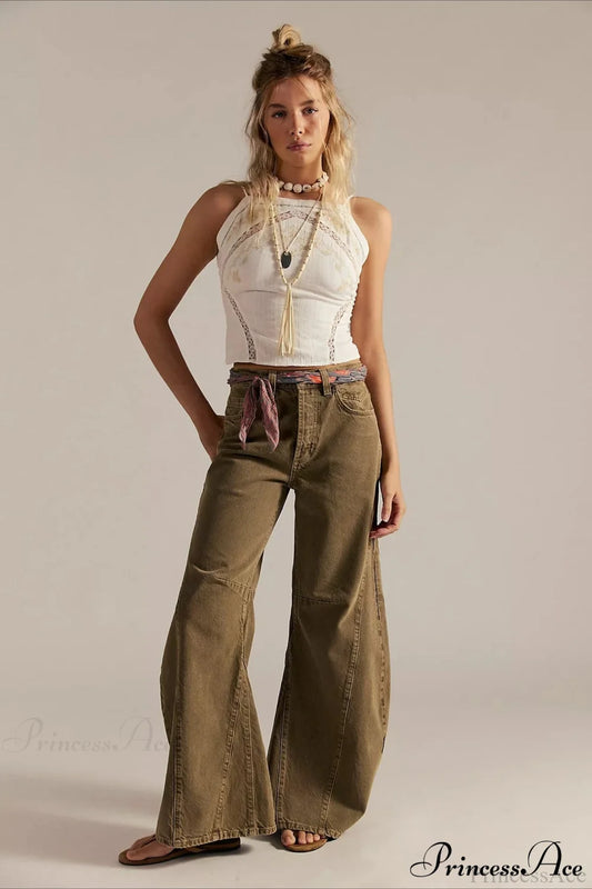High-Waisted Wide-Leg Relaxed Full-Length Jeans Khaki / S