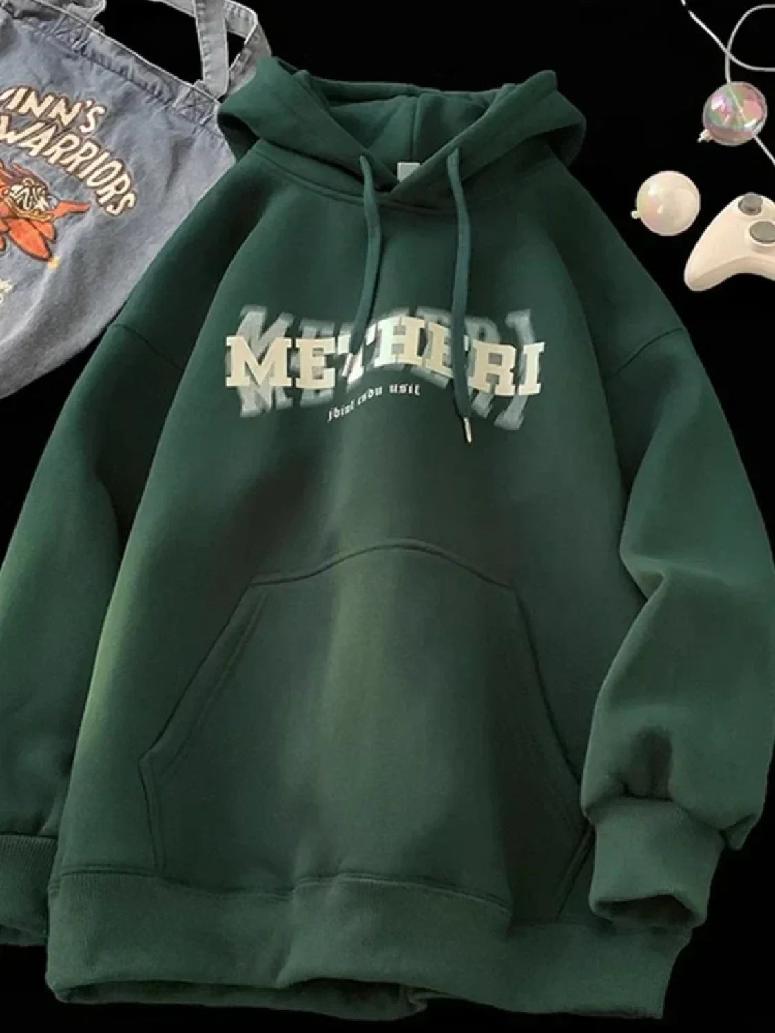 Hip Hop Letter Print Cotton Fleece Hoodie Green / M(40-45KG)