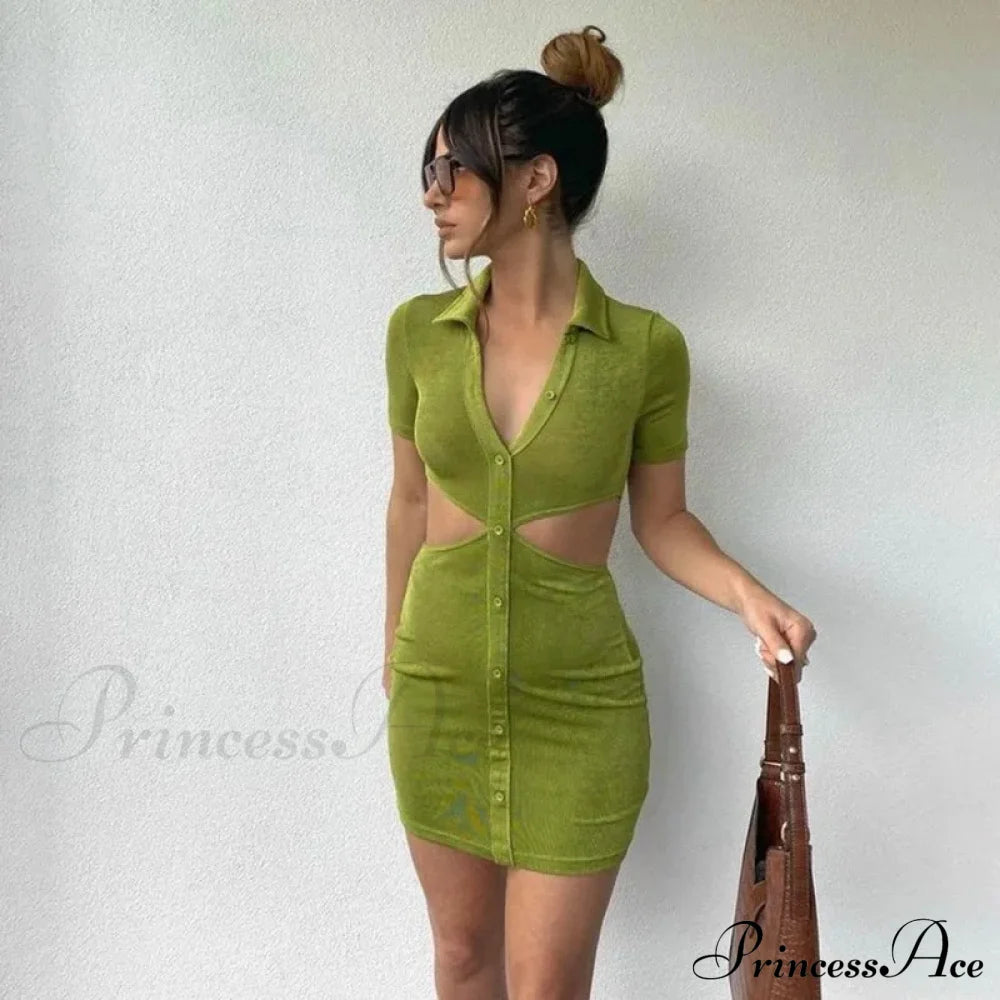 Hollow Bodycon Mini Split Nightclub Evening Female Casual Elegant Streetwear Top Cut Out Dress Army