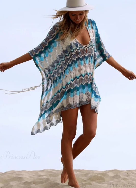 Hollow Deep V-neck Lace Up Tunic Mini Dress Blue / One Size bohodress-250126