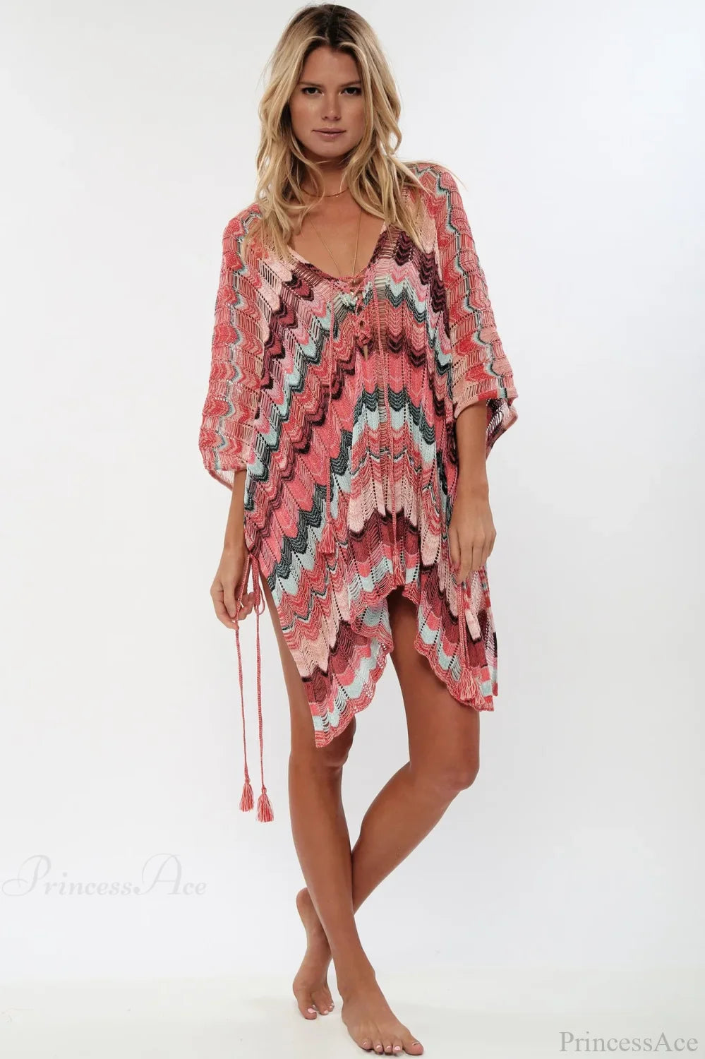 Hollow Deep V-neck Lace Up Tunic Mini Dress Pink / One Size bohodress-250126