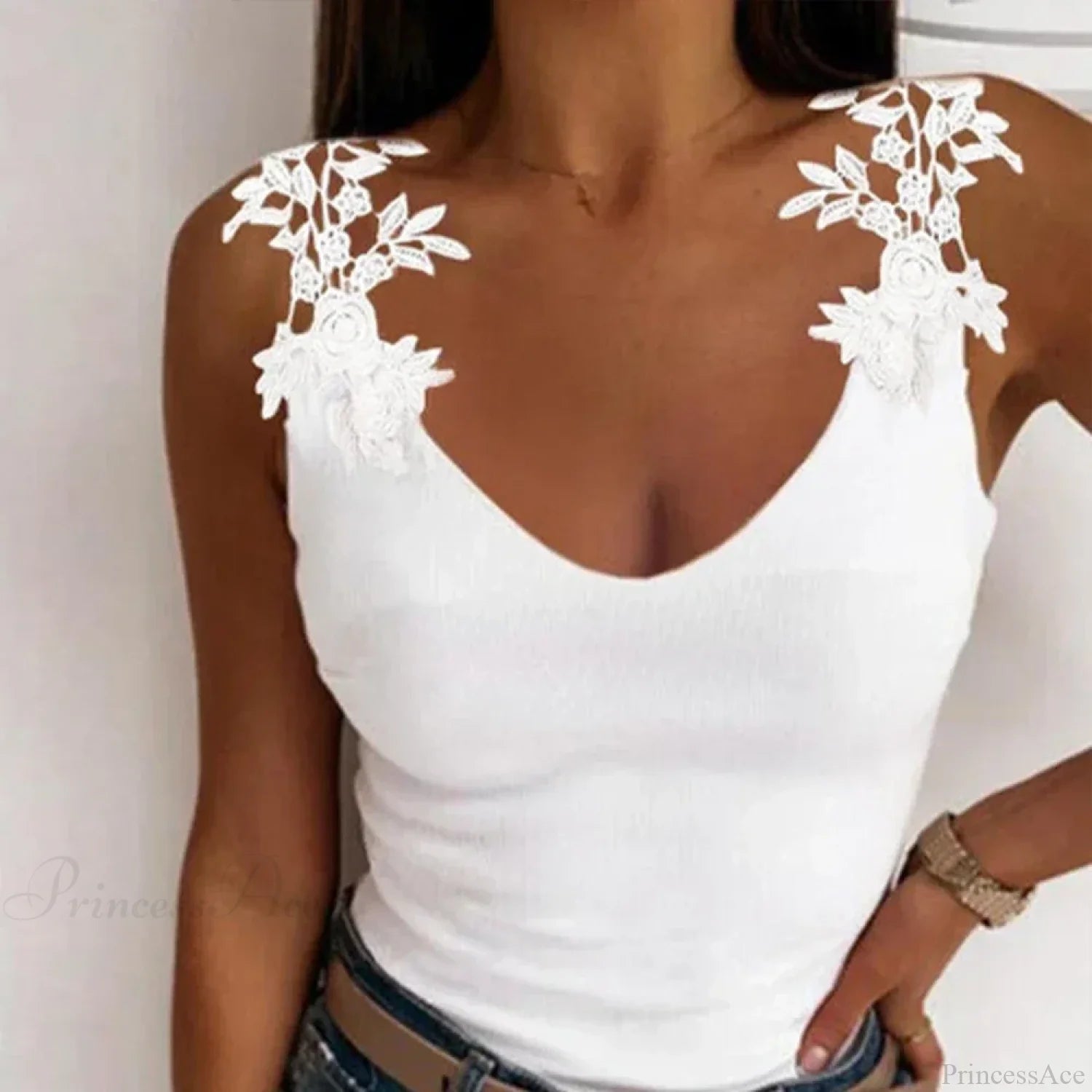 Hollow Lace Petal V-Neck Oversize Casual Slim Fit Tank Top croptop-250126