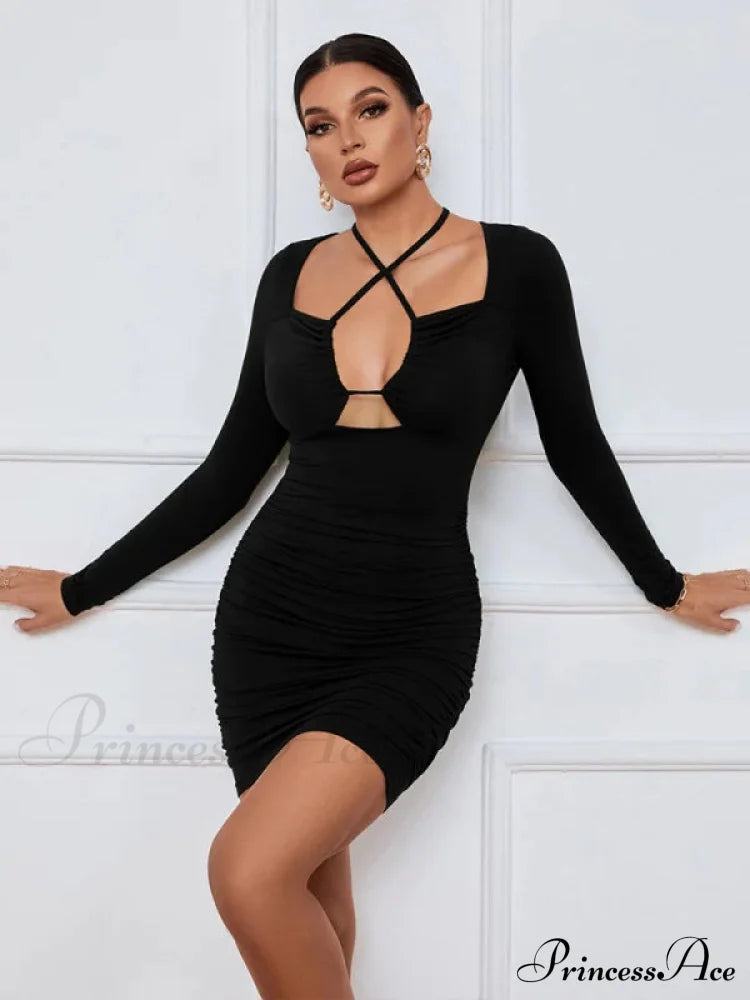 Hollow Long Sleeve Short Dress M / Army Green