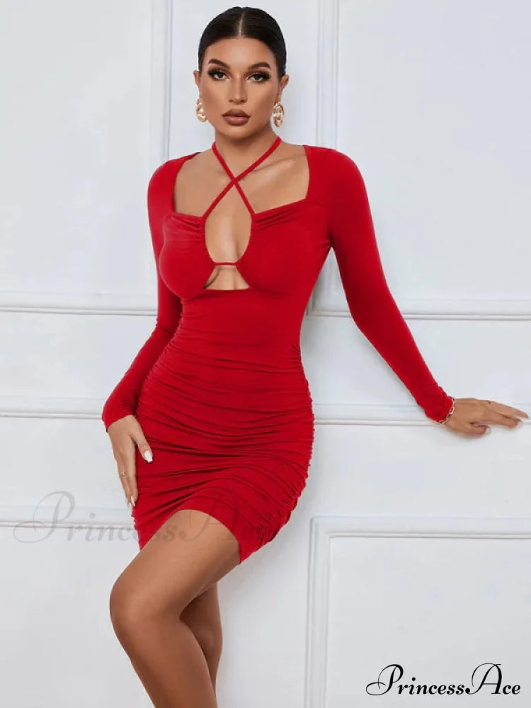 Hollow Long Sleeve Short Dress S / Army Green