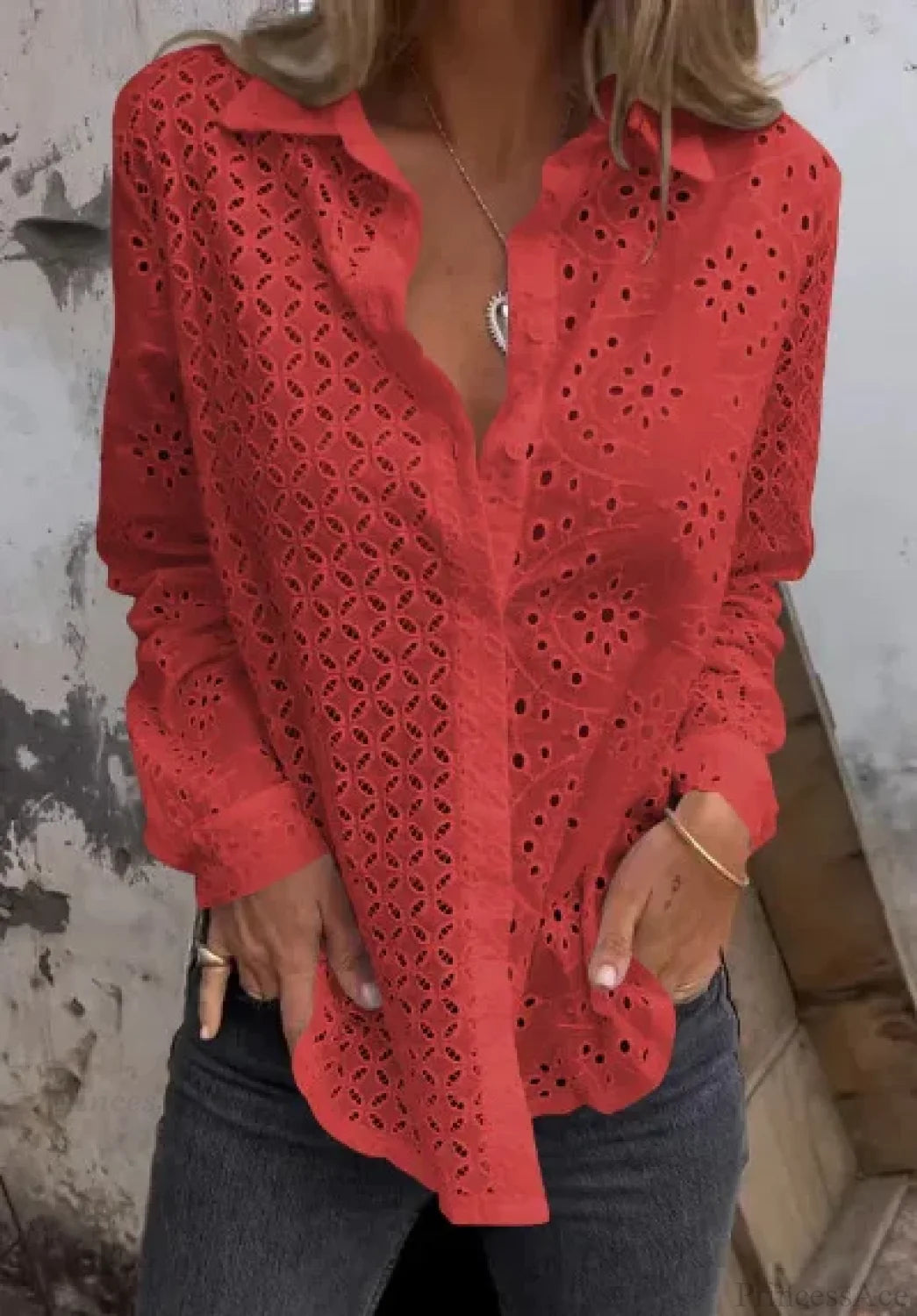 Hollow Out Cotton Floral Embroidery Long Sleeve Boho Blouse Red / S bohoblouse-250126