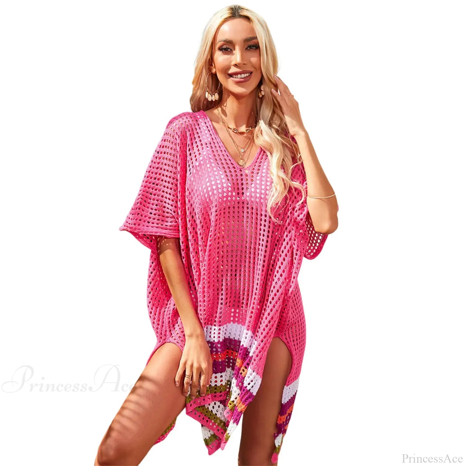 Hollow Out Crochet Bikini Cover Up C-Rose Red / One Size